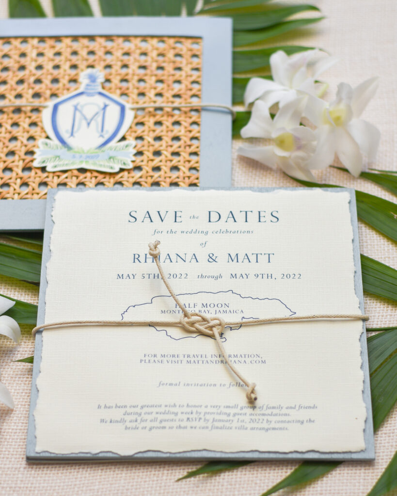 the back of our cane rattan save the dates